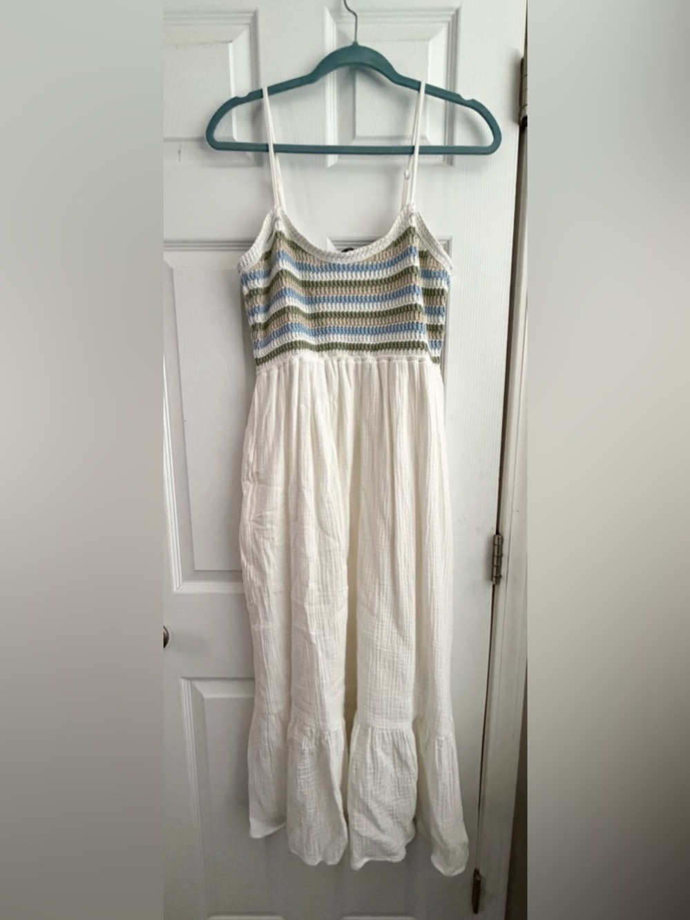 Wishlist White Maxi Dress with Blue and Green Crochet Bodice